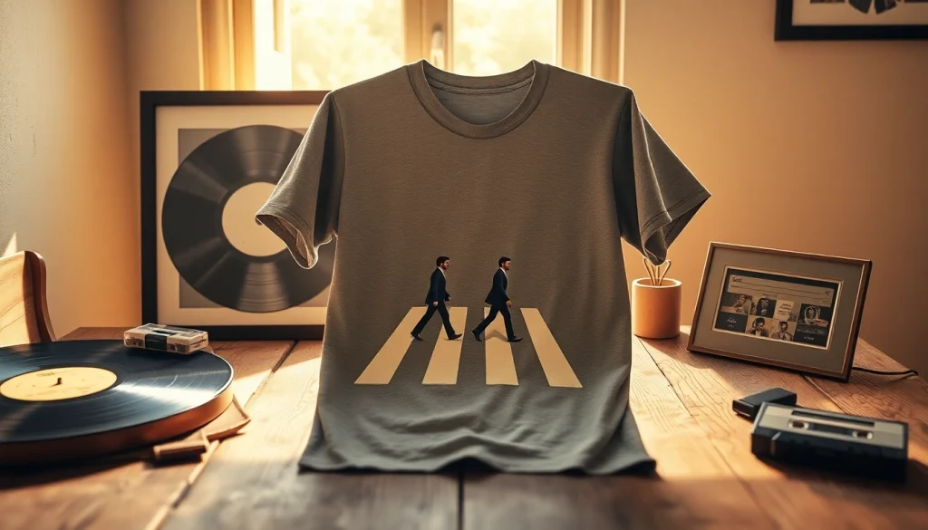 Showcasing a detailed beatles abbey road shirt among vintage memorabilia, evoking nostalgia.