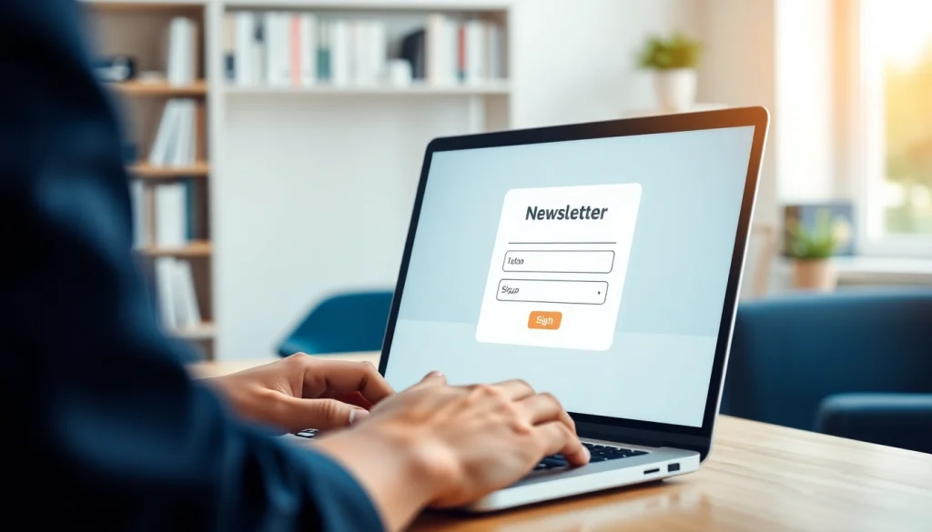 Engage in newsletter signup with a professional displaying a laptop and form in a modern office.