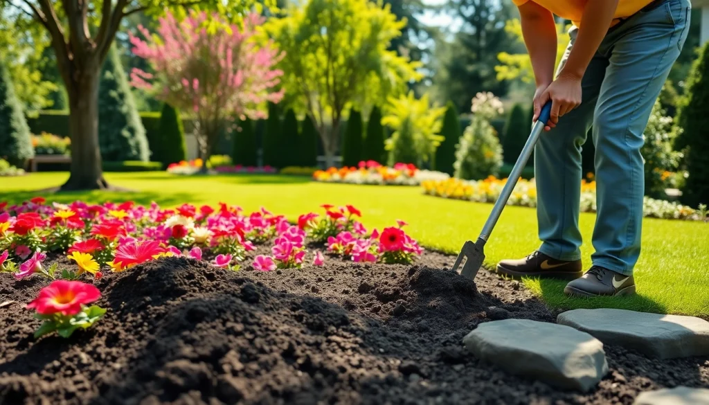 Skilled landscaping contractor Coquitlam enhancing a residential garden with vibrant flowers and manicured lawns.
