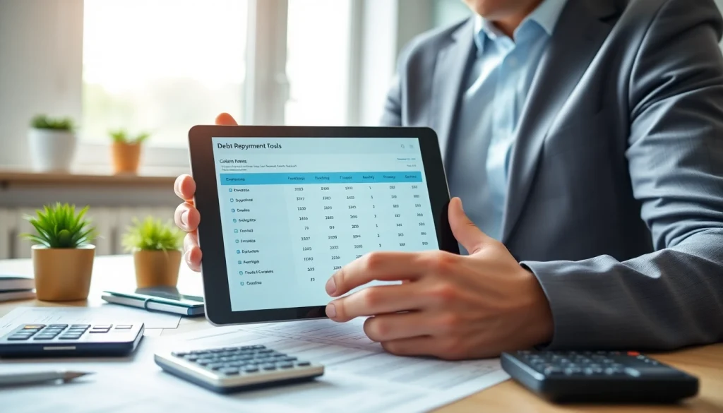 Analyze a debt repayment tool with a financial consultant in a modern office setting.
