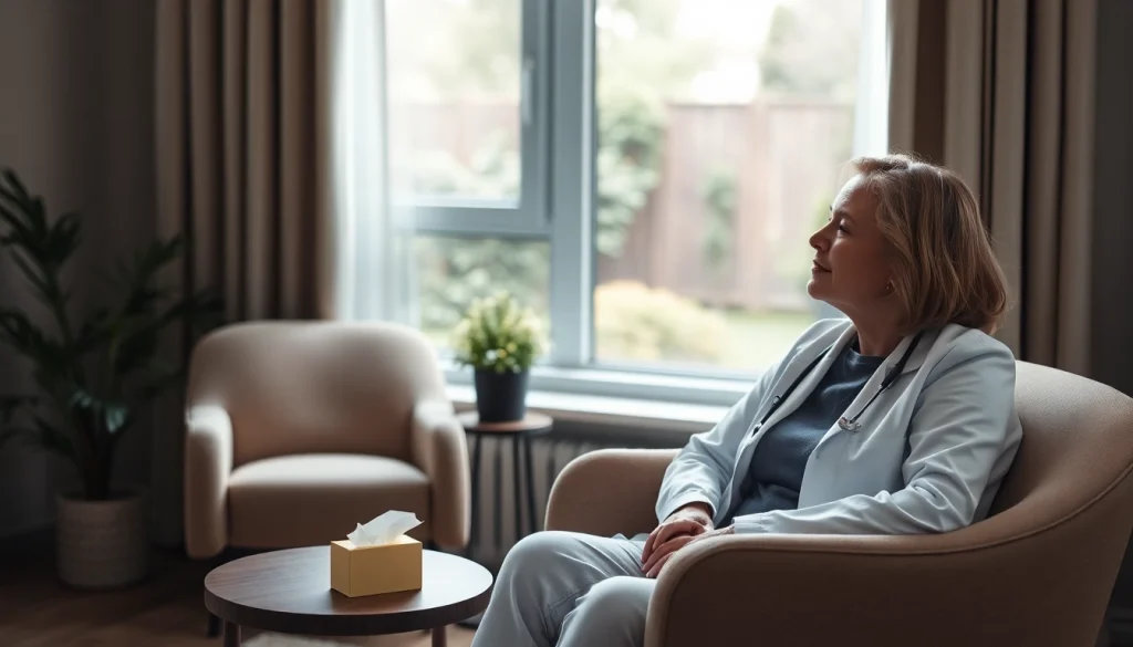 Helping individuals dealing with grief in a calming therapist's office setting with serene lighting.
