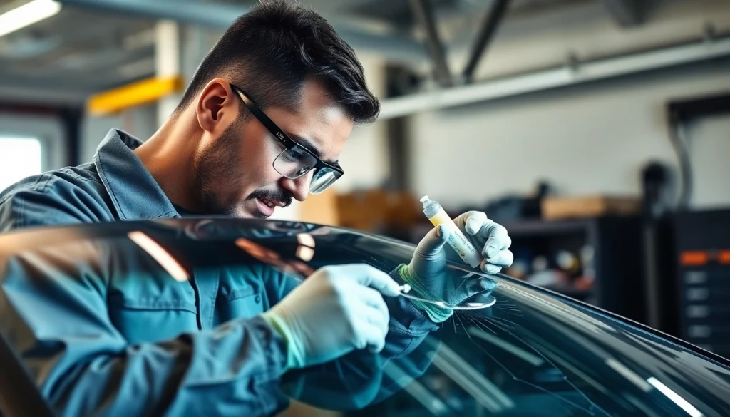 Windshield Repair technician expertly fixing a crack in auto glass, showcasing precise techniques and tools.