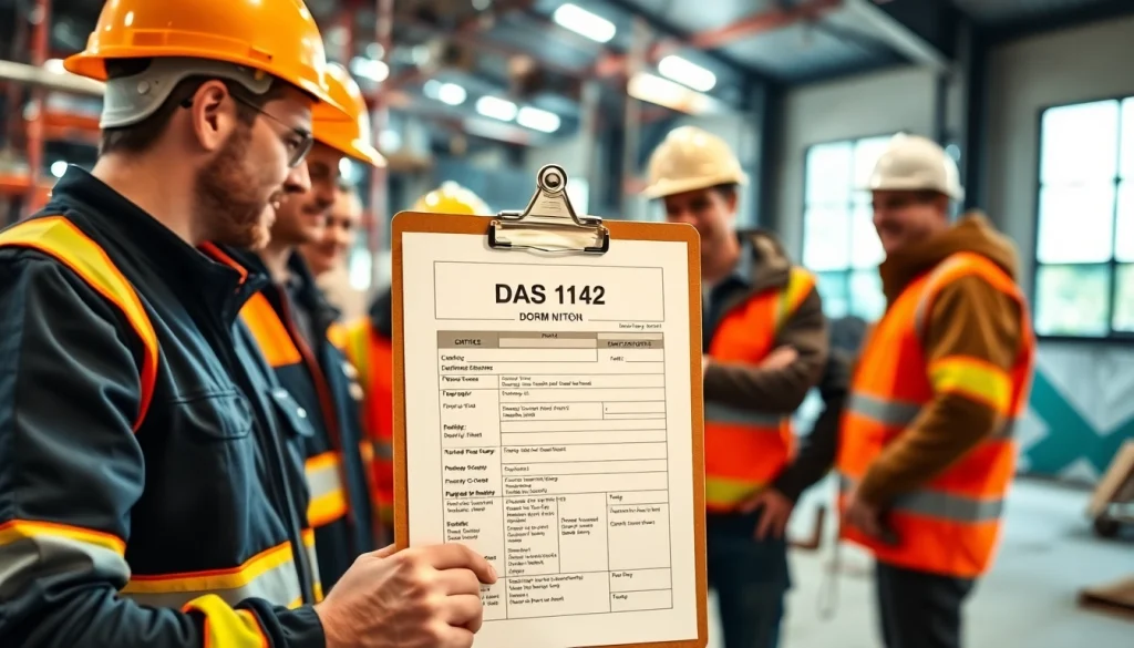DAS 142 form showcased on a construction site with workers collaborating efficiently.