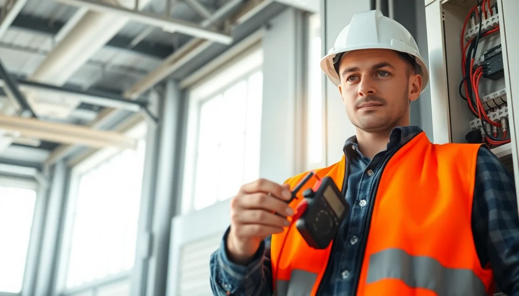 Technician performing Fixed Electrical Testing on circuit panels in a professional setting.