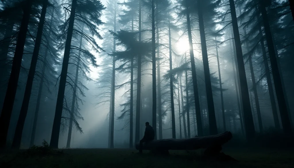 Depicting a figure dealing with grief in a misty forest, symbolizing healing and reflection.