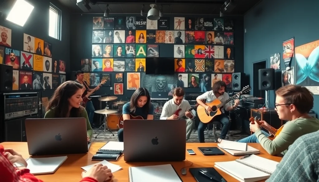 Engaging scene illustrating music promotion services in a vibrant recording studio with artists collaborating.