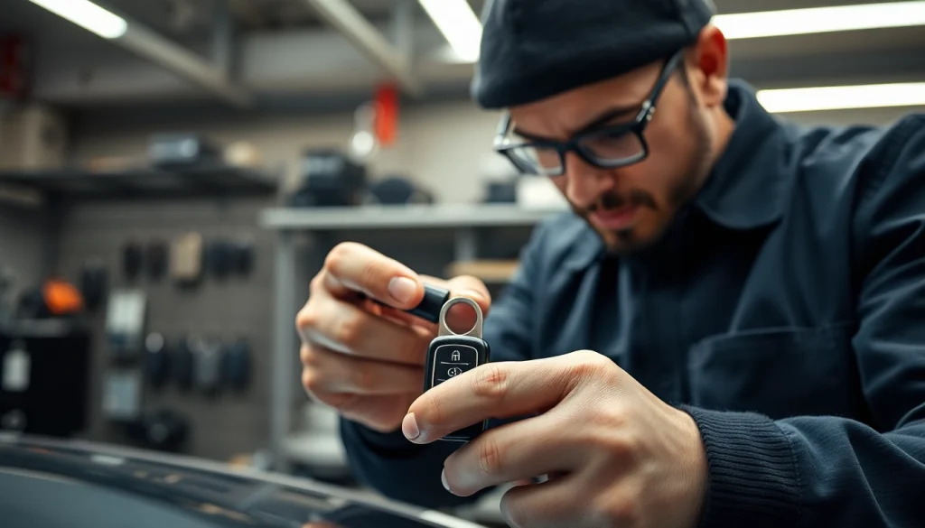 Replace car keys with advanced tools in a professional locksmith's workshop.
