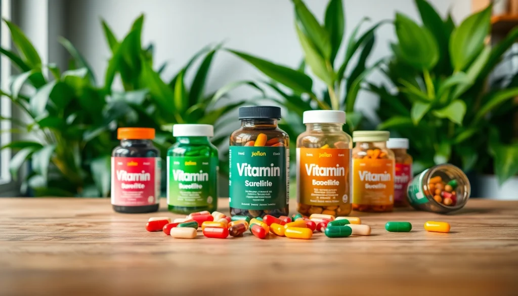 Showcasing Vitamin Boosters in vibrant jars on a wooden table, promoting wellness and health.