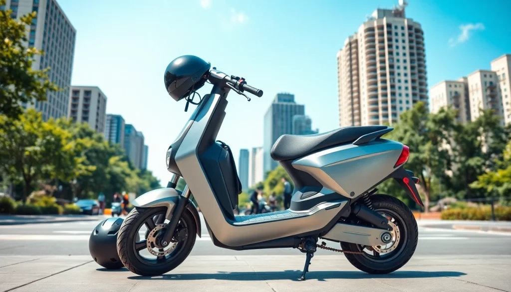 Ride an Electric Scooter effortlessly through an urban landscape, showcasing its sleek features.