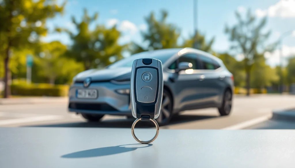 Exploring keys for electric cars with a close-up of a modern key fob on a sleek surface.