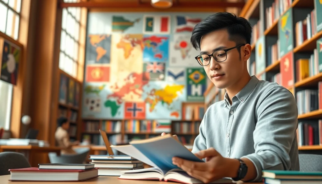 International student studying diligently in a colorful university library setting.