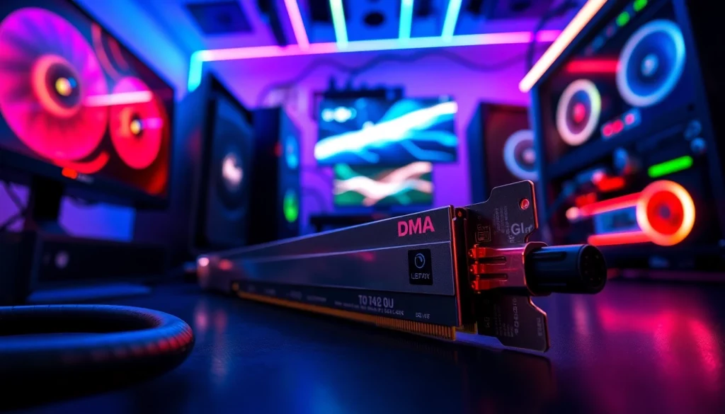 Gamer utilizing dma cheats with a high-tech DMA card in a dual-PC setup for gaming.