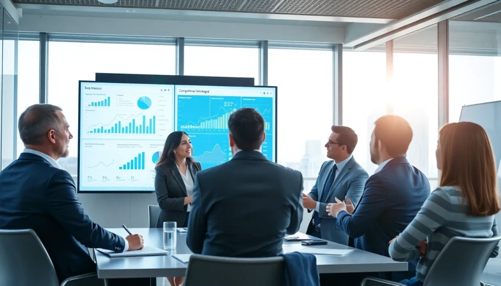 Analyze competitive intelligence strategies with a focused business team in a modern conference room.