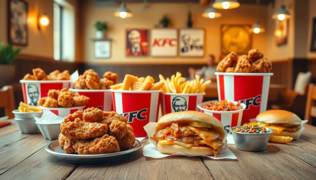 Explore KFC prices with an enticing display of fried chicken buckets and delicious side dishes.
