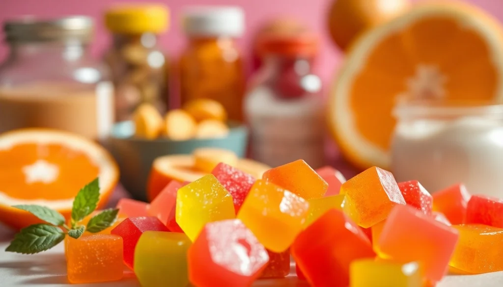 Delicious Collagen pectin gummies displayed with vibrant colors and a fresh, inviting setting.