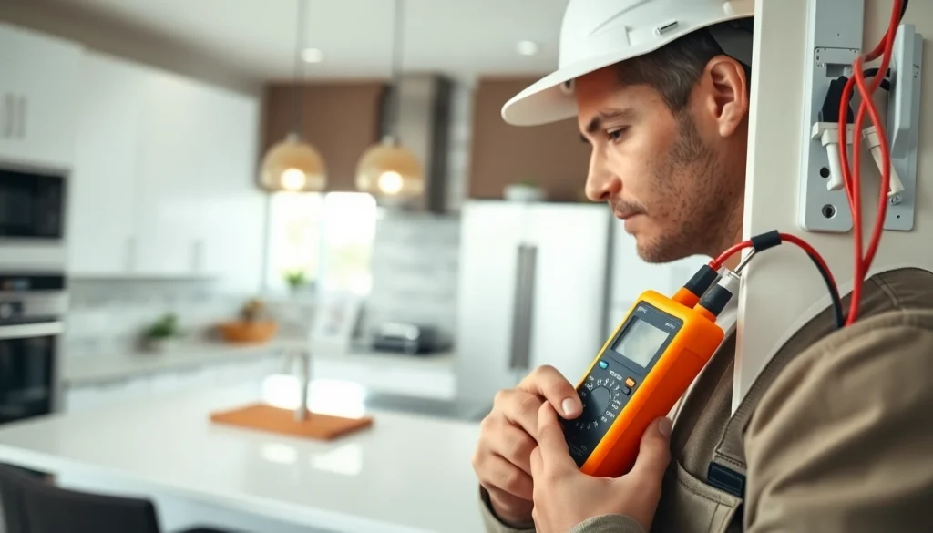 Electrician Clearwater checking electrical wiring with tools in a bright kitchen