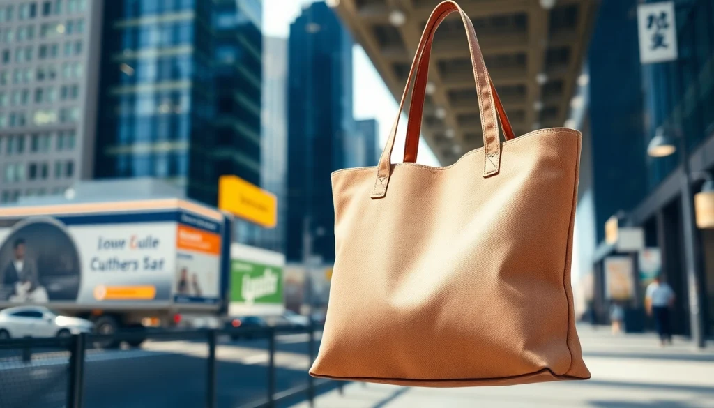 Showcase of a stylish tote bag in an urban setting highlighting its elegant design.