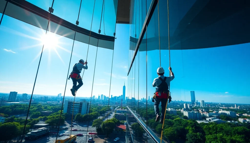 Window cleaners expertly cleaning large, gleaming windows on a city high-rise building.