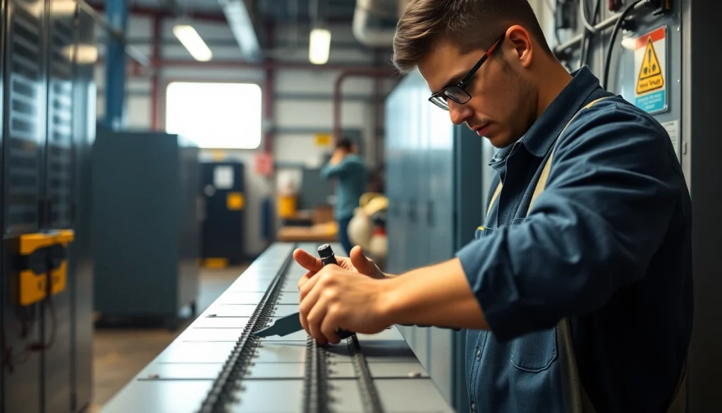 Electrician apprenticeship Hawaii: Focused apprentice working on electrical panels in a professional setting.