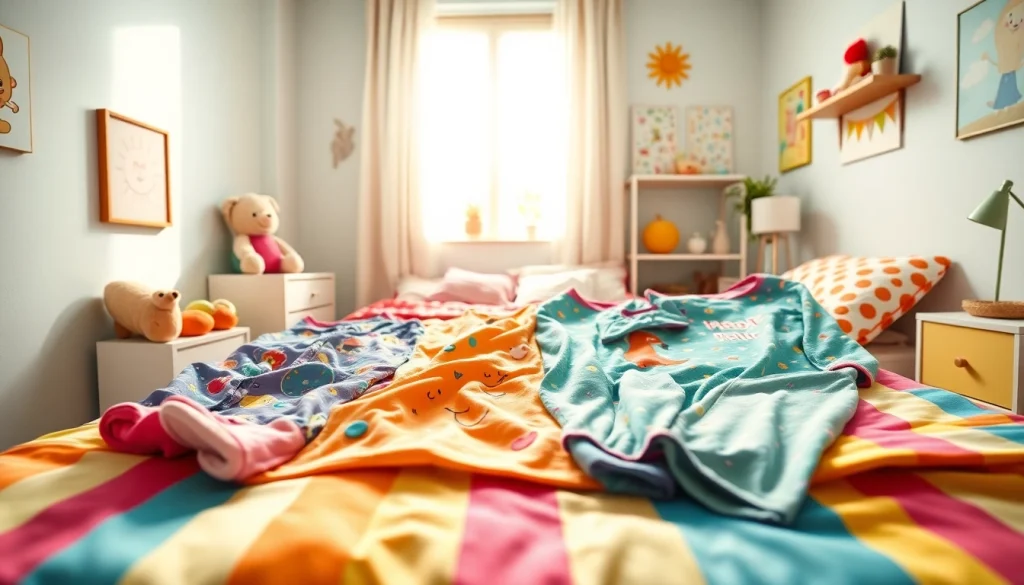 Showcasing kids pajamas in a colorful setting, emphasizing comfort and playful designs.