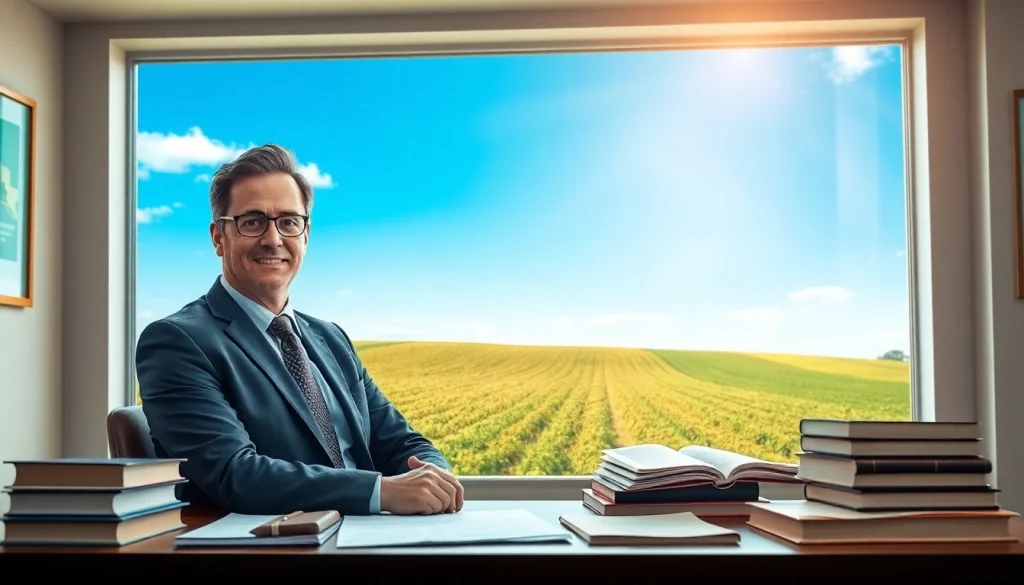 Lawyer consulting on agriculture law with farming contracts and fields in the background.