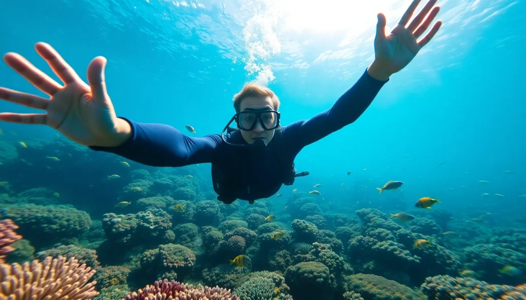 Dive into Bali Diving's vibrant underwater world with a diver amidst colorful fish.