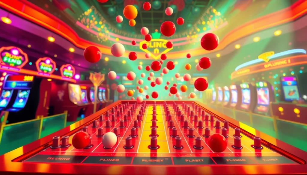 Permainan situs plinko dengan bola yang jatuh dan menyentuh paku di papan.