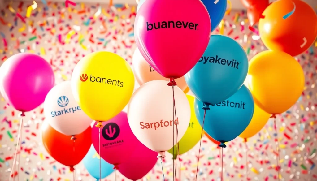 Print balloons with your logo showcased in a festive party setting with vibrant colors.