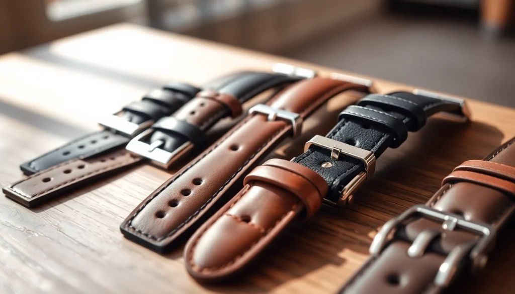 Examine exquisite watch straps featuring leather, silicon, and metal designs.