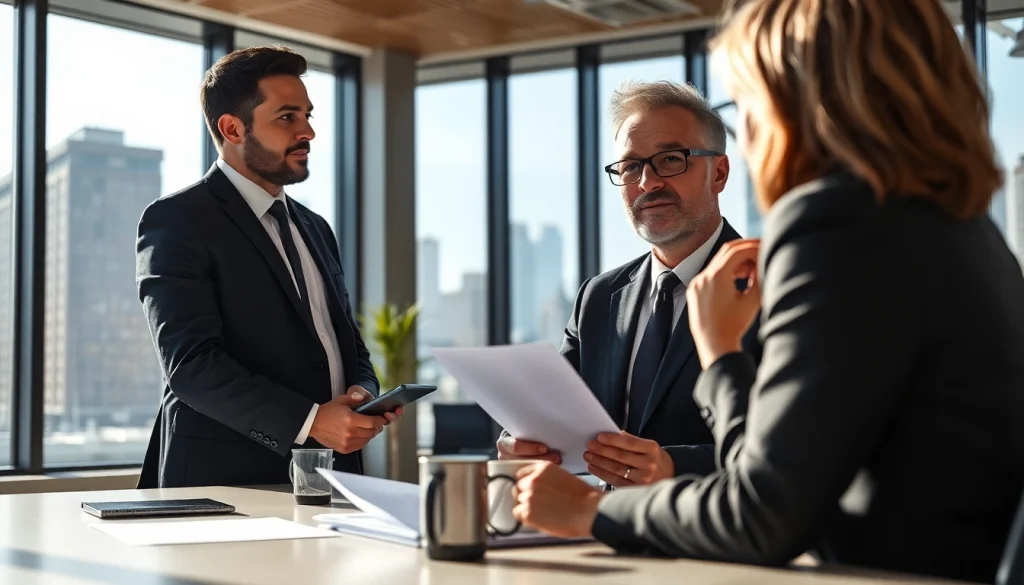 Engaging back tax professional advising a client in an office environment with documents and laptop.