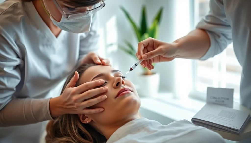 Administering botox treatment in a serene clinic environment, focusing on cleanliness and patient comfort.