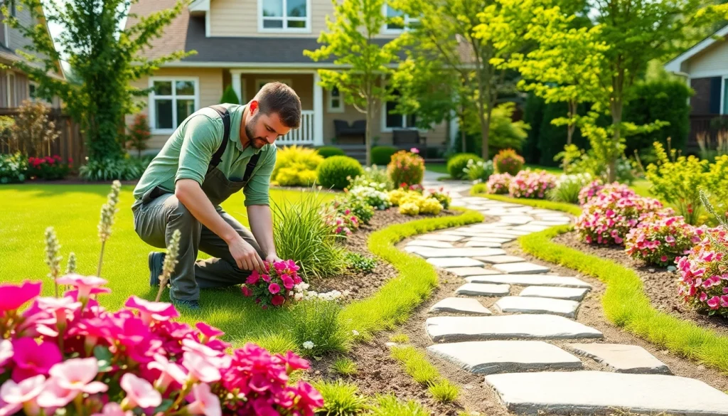 Landscaping contractor Coquitlam arranging a beautiful garden with vibrant flowers and green lawns.