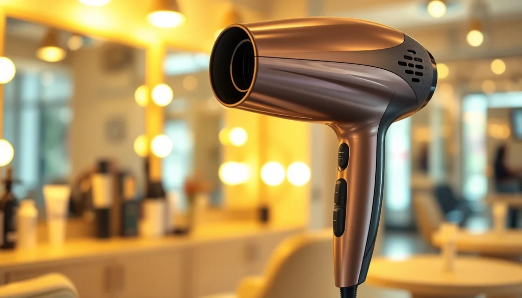 Hair Dryer positioned in a stylish salon setting, highlighting its sleek design and ergonomic features.