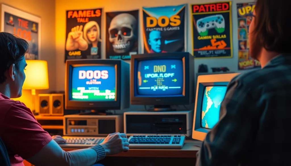 Play DOS games on a vintage setup featuring a retro computer and nostalgic game graphics.
