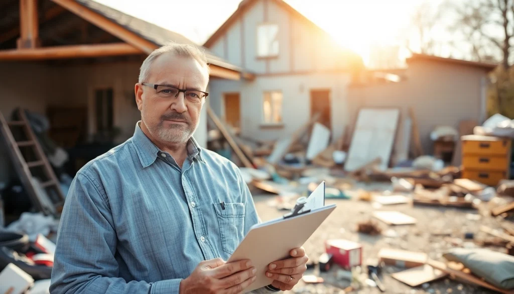 Evaluate property insurance claims with an insurance adjuster amidst damage recovery.