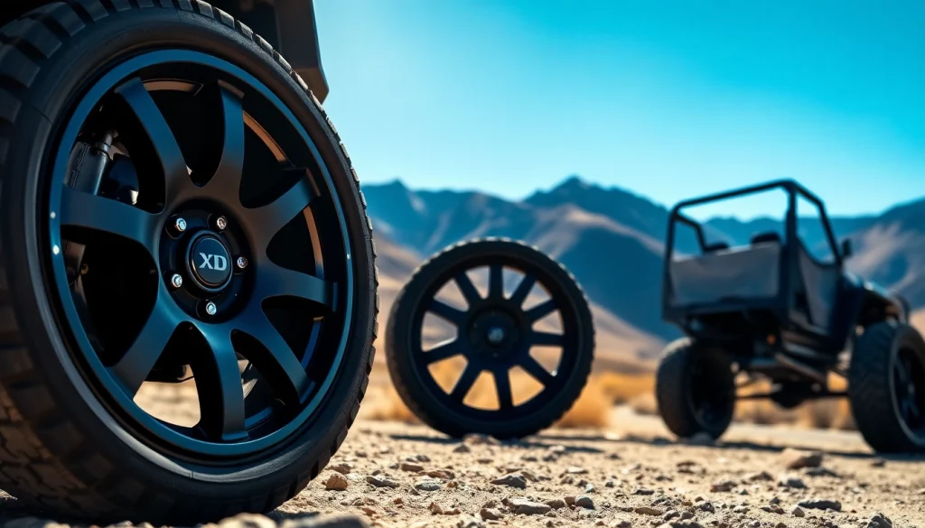 Enhance your ride with stylish XD wheels showcased on an off-road vehicle against a scenic backdrop.