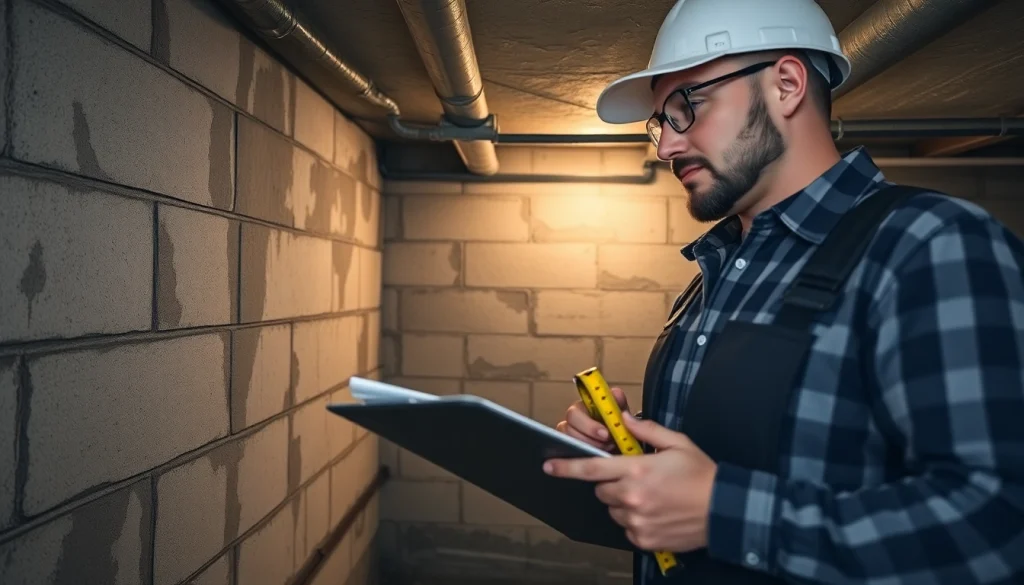 Preview of waterproofing contractors near me geneva assessing a damp basement's conditions.