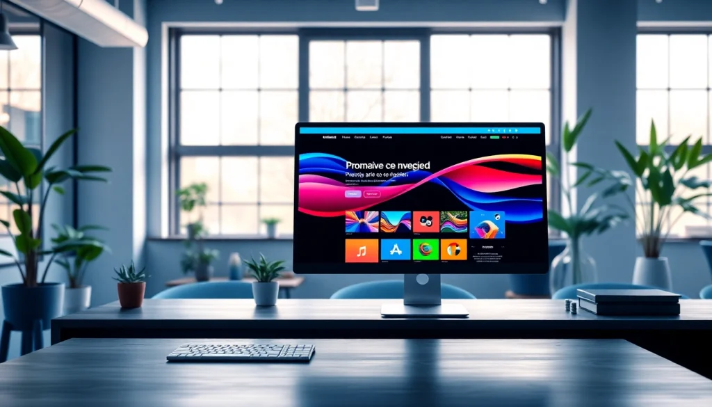 Showcasing professional website design on a dynamic screen in a bright office setting.