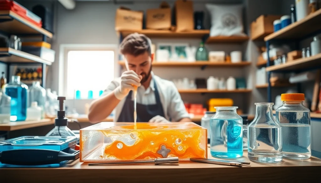 Demonstrating infusion resins pouring techniques in a professional workshop environment.