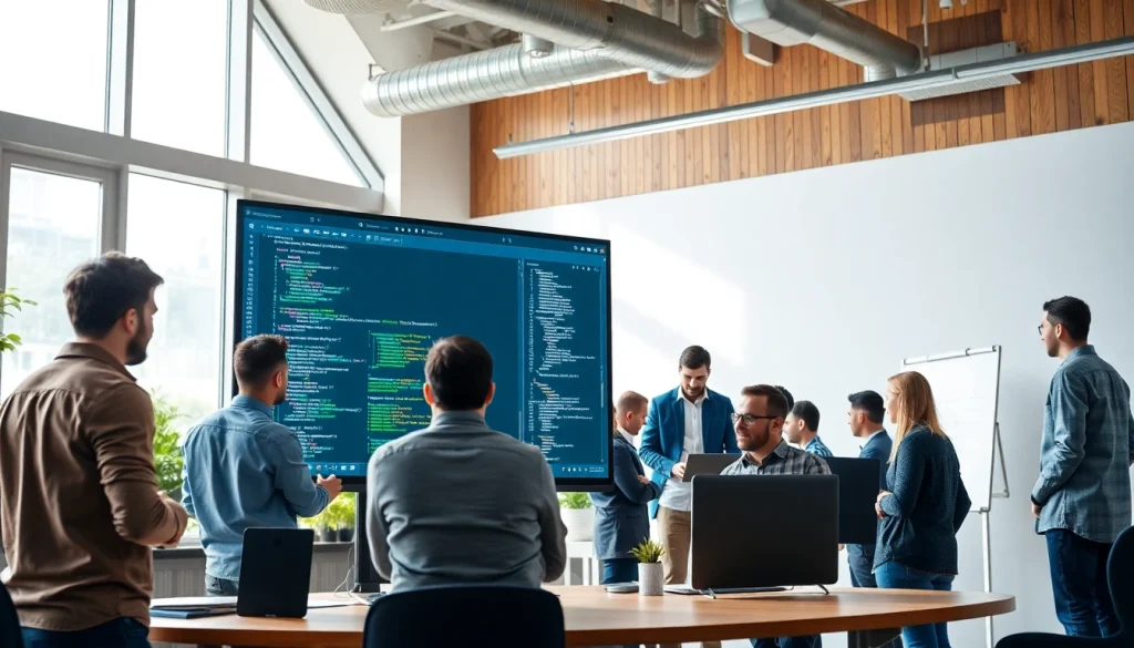 Web development team collaborating on a project in a modern office setting, surrounded by technology.