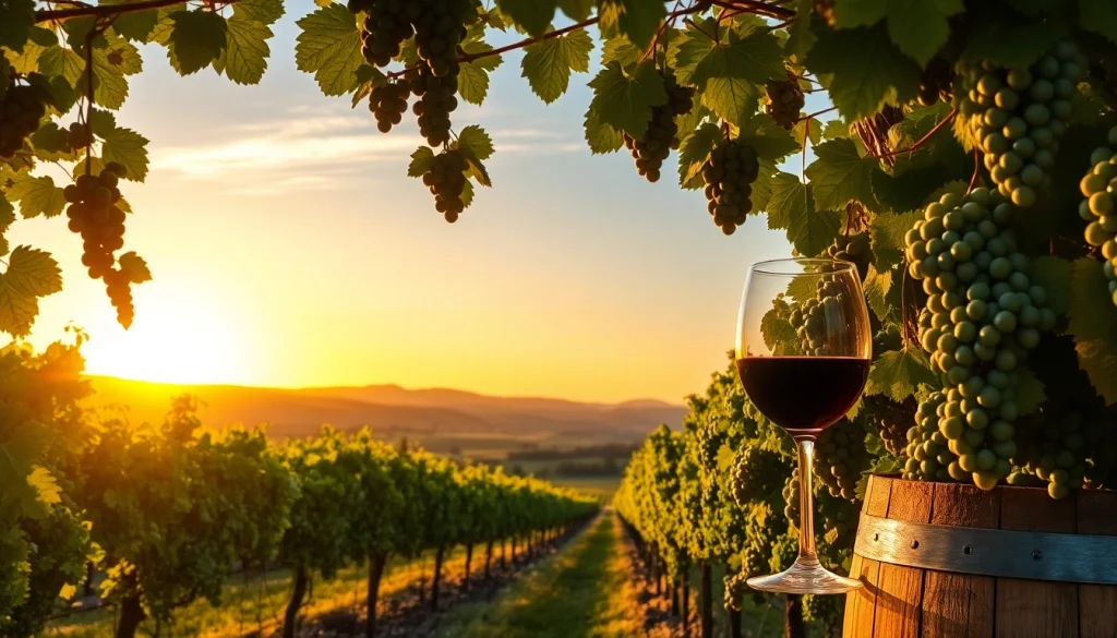 Experience the beauty of clarksburg wineries with vibrant grapevines and a stunning sunset backdrop.