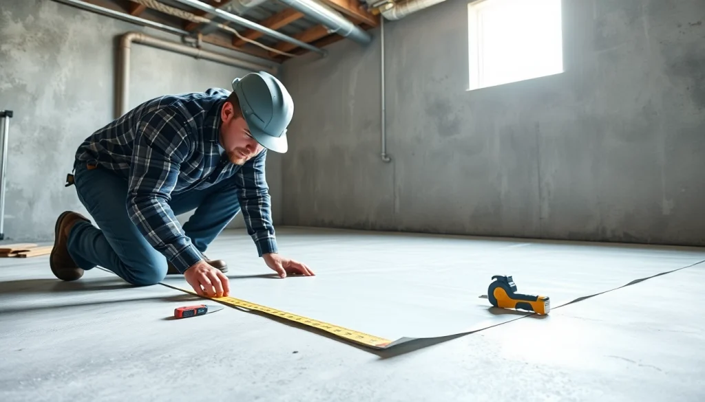 Vapor barrier installation demonstrated by a contractor in a basement, showcasing precise techniques.