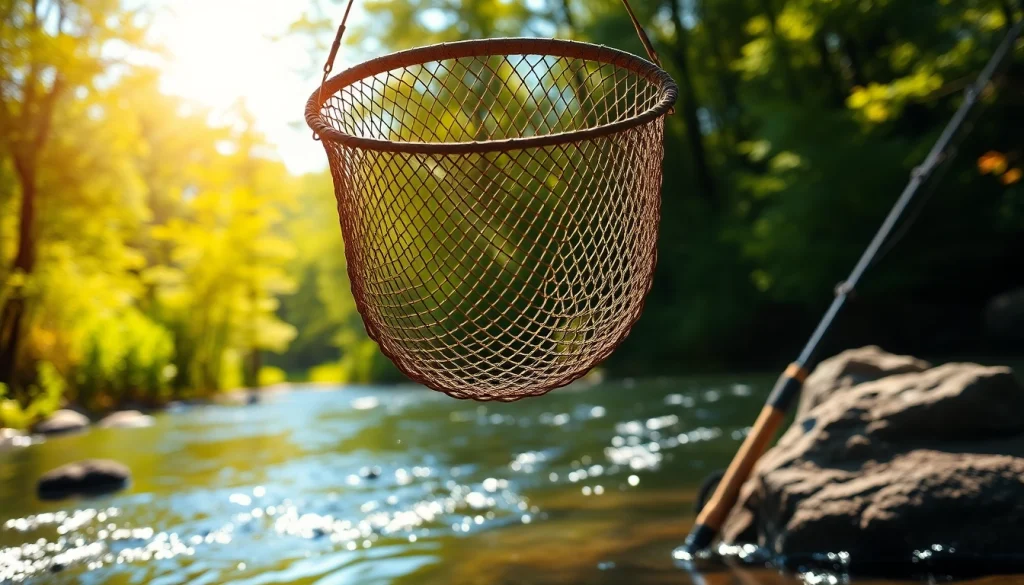 Crafted fly fishing net carefully displayed over calm waters with forest backdrop.
