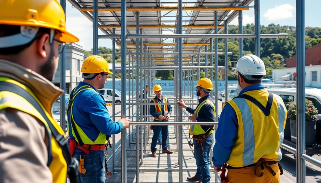 Whangarei scaffolding being set up by workers in a vibrant construction scene.