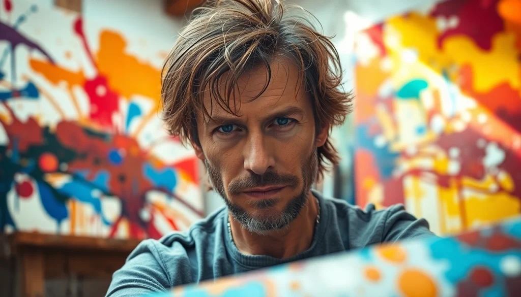 Speck Mellencamp passionately creating art in his vibrant studio environment.