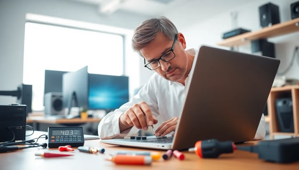 Computer repair technician carefully fixing a laptop while surrounded by tools in a bright workspace.