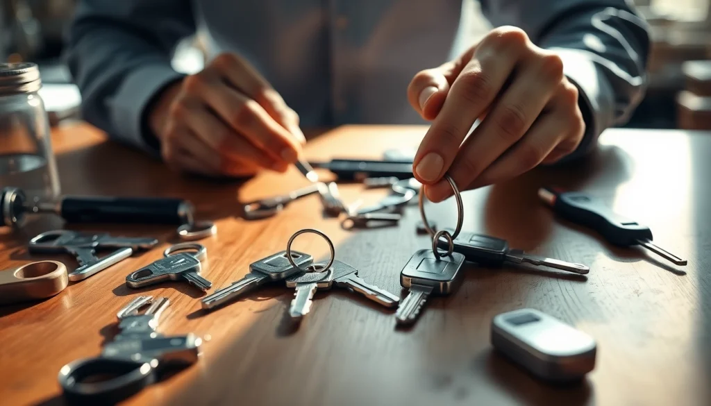 Professional locksmith working with Lost Car Keys on a wooden table, showcasing expertise and tools.
