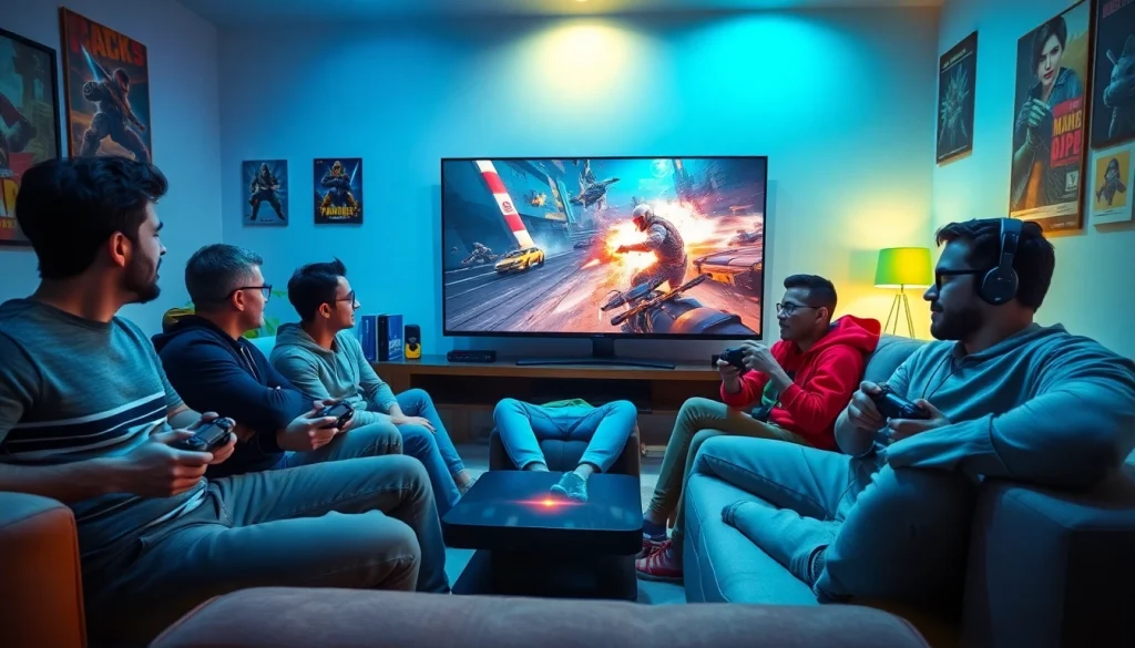 Engage with PS5 games through a dynamic scene of gamers immersed in gaming excitement.
