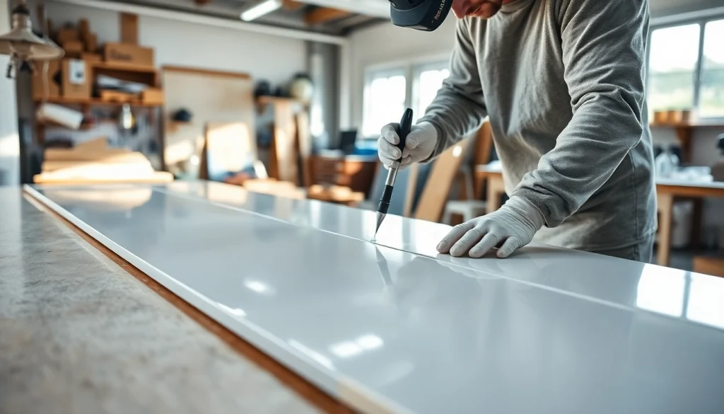 Apply laminating resin while highlighting smooth texture and professional workspace.