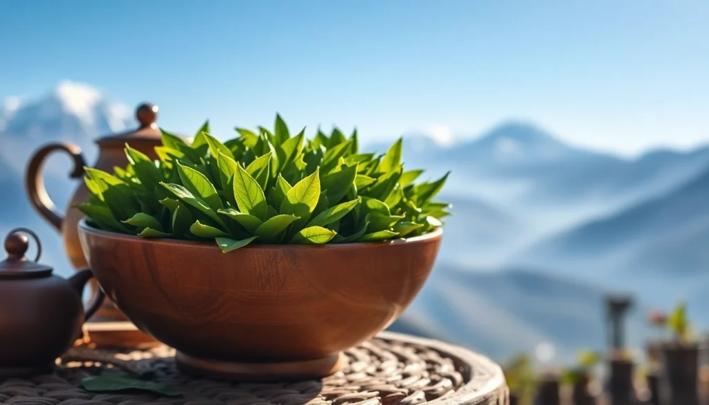 Brewing Nepali tea leaves in a serene Himalayan setting, emphasizing natural beauty and quality.
